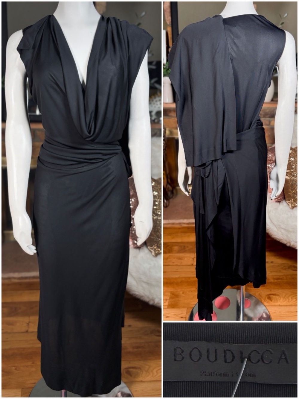 Boudicca Black Viscose Jersey Semi-Sheer Asymmetrical Cowl Neck Wrap Dress, Sz 6